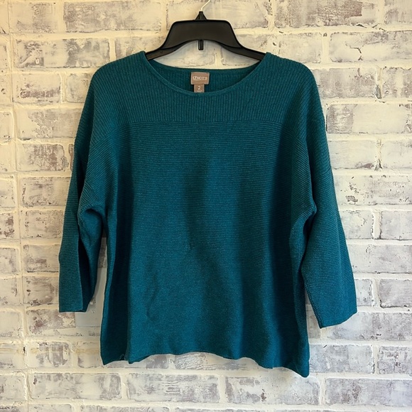 Chico’s Teal Ribbed Knit Raglan 3/4 Sleeve l Pullover Tunic Sweater Top Large 12 - Picture 1 of 8